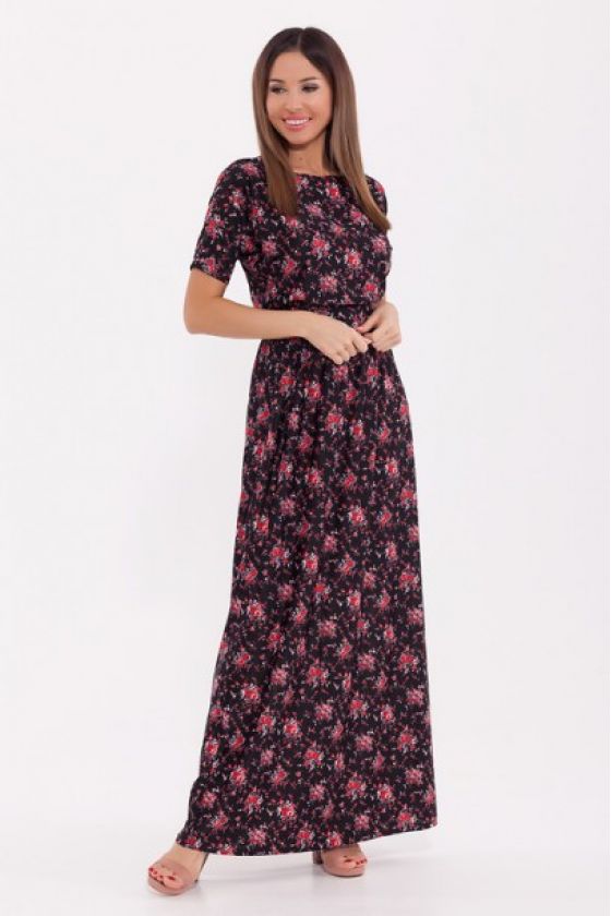 Платье 318 "Масло" Черный/розовые цветы
