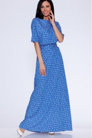Платье 318 "Хлопок", голубой/цветы-горох