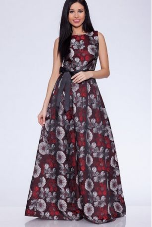 Платье 384 "Жаккард Цветы", бордовый/серебро