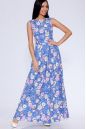 Платье 384 "Жаккард", электрик/розовые, бежевые цветы. Вид 1.