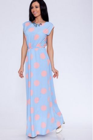 Платье 385 "Ниагара цветная", голубой/крупный персиковый горох