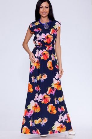 Платье 385 "Ниагара цветная", темно-синий фон/крупные цветы