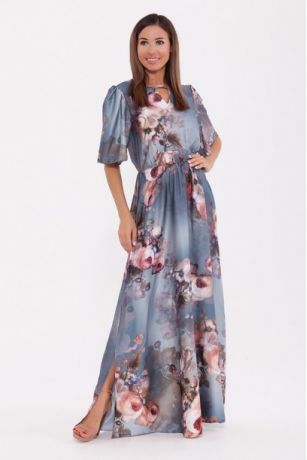 Платье 3D 983 Серо-синий/цветы