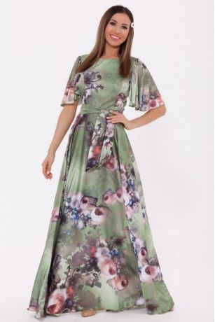 Платье 3D 989 Зеленый/цветы ШЁЛК