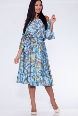 Платье 432 "Шелк цветной", голубой/огурцы