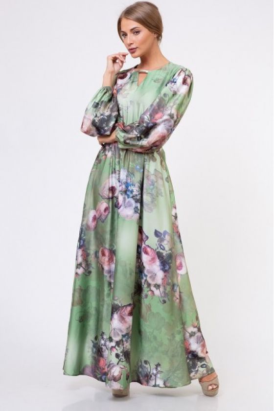 Платье Зеленый/цветы 983